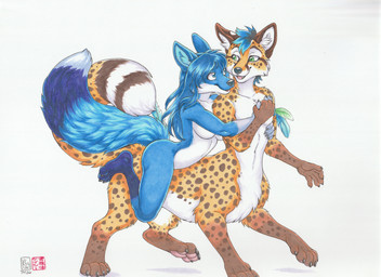 anthro duo feathers female love male male/female markings spots spotted_markings tail kacey kisha_lisle shodori canid canine cheetah felid feline fox hybrid mammal taur absurd_res hi_res