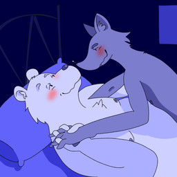 anthro bedroom_eyes blush duo imminent_sex male male/male narrowed_eyes night seductive mandarinaks bear canid canine fox mammal polar_bear ursine absurd_res hi_res
