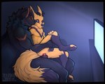amber_eyes anal anal_knotting anal_penetration animal_genitalia animal_penis anthro anthro_on_anthro anthro_penetrated anthro_penetrating anthro_penetrating_anthro balls black_body black_fur blue_eyes canine_genitalia canine_penis cuddling duo ear_rub fur genitals grey_body grey_fur hand_on_leg happy knotting looking_at_another looking_at_partner looking_pleasured male male/male male_penetrated male_penetrating male_penetrating_male orange_body orange_fur pawpads paws penetration penile penile_penetration penis raised_leg sex sheath sitting_on_another tail yellow_body yellow_fur clyde_wolf ceylis kael_(beleynn) canid canine canis fox mammal wolf absurd_res hi_res