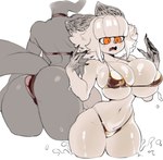 anthro big_breasts big_butt bikini blush blush_lines breasts butt clothing fangs female fur hair huge_breasts huge_thighs navel open_mouth orange_eyes partially_submerged rear_view solo standing_in_water swimwear teeth thick_thighs two-piece_swimsuit white_body white_fur white_hair wide_hips cibastion catmaid_(cibastion) domestic_cat felid feline felis mammal hi_res