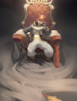 anthro athletic athletic_anthro athletic_male bottomwear brown_body brown_fur chair claws clothed clothing finger_claws fog fur furniture glistening glistening_eyes grey_clothing grey_topwear hair horn leaning leaning_backward looking_at_viewer male mouth_closed navel orange_eyes orange_hair orange_horn pants pupils short_hair simple_background sitting slit_pupils smoke solo tail throne topwear unsigned white_body white_bottomwear white_claws white_clothing white_pants awaldkize mythology dragon mythological_creature mythological_scalie scalie absurd_res digital_media_(artwork) full-length_portrait hi_res portrait