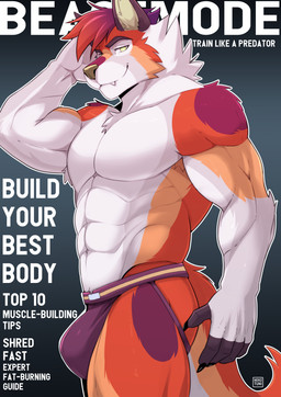 abs anthro arm_tuft black_nails bulge butt chest_tuft claws clothing colored_nails elbow_tuft fangs fur green_eyes grin hair hand_on_head jockstrap looking_at_viewer looking_down male muscular muscular_male nails navel nude red_body red_fur shoulder_tuft simple_background smile smirk smug solo tail tan_body tan_fur teeth text tuft underwear white_body white_fur vitaly4321 hux_h_growl canid canine canis mammal wolf absurd_res cover digital_media_(artwork) english_text hi_res magazine_cover