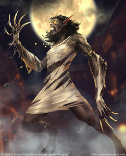 anthro black_hair blurred_background breasts brown_body brown_fur claws clothing digitigrade dress female full_moon fur glowing glowing_eyes gold_(metal) gold_jewelry hair jewelry moon night open_mouth outside solo species_transformation surprised text torn_clothing torn_dress transformation white_clothing white_dress artyom_kim arkham_horror:_the_card_game fantasy_flight_games mythology canid canine mammal mythological_canine mythological_creature werecanid werecanine werecreature werewolf 2016 digital_media_(artwork) official_art url