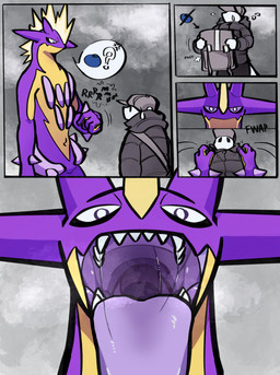 ambiguous_gender anthro black_text bodily_fluids bodily_noises breath contact_onomatopoeia duo food fruit gesture grabbing_shoulders hand_gesture imminent_vore male male/male male_pred male_prey mouth_shot navel onomatopoeia open_mouth oran_berry plant pointing pointing_at_belly pointing_at_stomach pokemon_berry purple_body rumbling_stomach saliva saliva_string scared sharp_teeth size_difference sky sound_effects sweat sweatdrop teeth text tongue tongue_out vore vowelless vowelless_sound_effect ventiventi111 nintendo pokemon amped_toxtricity generation_8_pokemon pokemon_(species) toxtricity absurd_res comic hi_res