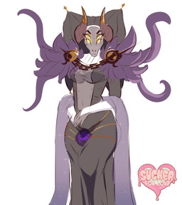 2_horns 4_eyes anthro clothed clothing dress female gloves handwear horn looking_at_viewer multi_eye simple_background solo white_background akabaka cthulhu_mythos h._p._lovecraft lovecraftian_(genre) sucker_for_love sucker_for_love:date_to_die_for rhok'zan_(sucker_for_love) shub-niggurath_(h.p._lovecraft) bovid caprine caprine_demon deity demon eldritch_being goat goat_demon mammal outer_god_(h.p._lovecraft) absurd_res hi_res