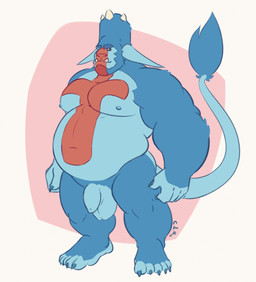 balls belly big_belly blue_balls blue_body blue_nipples blue_penis blue_tail foreskin genitals horn humanoid_genitalia humanoid_penis male male_humanoid markings moobs mouth_closed nipples nude obese obese_humanoid obese_male overweight overweight_humanoid overweight_male penis red_markings solo standing tail tail_tuft tuft chocolateandmilk humanoid full-length_portrait hi_res portrait