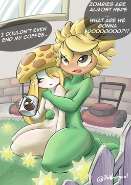 anthro belly beverage biped black_eyes blonde_hair breasts brown_face clothing coffee detailed_background dialogue duo eyelashes female female/female fence flower freckles front_view fungus grass green_body hair hat headgear headwear mushroom_cap nipples non-mammal_breasts non-mammal_nipples not_furry nude nude_female outside petal_hair petals plant pseudo_hair small_breasts text thick_thighs white_body wide_hips yellow_petals yellow_sclera daweregoat electronic_arts plants_vs._zombies plants_vs._zombies_heroes popcap_games solar_flare_(pvz) elemental_creature elemental_humanoid flora_fauna flower_creature fungi_fauna fungi_humanoid humanoid plant_humanoid sun-shroom sunflower_(pvz) 2025 absurd_res hi_res
