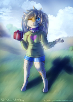 3_toes anthro big_breasts blonde_hair blue_eyes bottomwear box breasts clothing cloud cloudy_sky collar collar_tag container day detailed_background eyebrows feet female floppy_ears fluffy fur gift gift_bow gift_box grass hair heart_symbol heart_tag light lop_ears markings mountain one_eye_closed paws plains plant shorts sky skyscape slightly_chubby spots spotted_markings sunlight sweater tan_body tan_fur thick_eyebrows thick_thighs toes topwear tree yellow_body yellow_fur stellaamoris domestic_rabbit lagomorph leporid lop_rabbit mammal oryctolagus rabbit absurd_res detailed digital_media_(artwork) digital_painting_(artwork) hi_res painting_(artwork)
