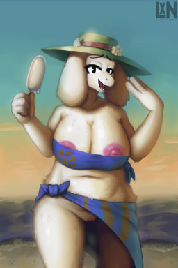 anthro beach belly big_breasts breasts clothing female fur genitals horn looking_at_viewer navel nipple_dip nipples solo vulva white_body white_fur lennoxicon undertale undertale_(series) toriel 2:3 hi_res