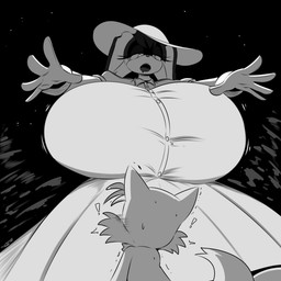 2_tails anthro big_breasts breasts cheek_tuft clothed clothing countershading dress duo ears_back ears_down eyelashes facial_tuft female fur hat head_tuft headgear headwear huge_breasts imminent_titfuck long_ears long_tail male multi_tail open_mouth pivoted_ears pupils tail text tongue tuft conditional_dnp digitaldomain123 sega sonic_the_hedgehog_(series) miles_prower vanilla_the_rabbit canid canine fox lagomorph leporid mammal rabbit 1:1 2025 absurd_res artist_name hi_res monochrome signature
