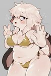 4_fingers anthro big_ears bikini blush blush_lines bodily_fluids breasts camel_toe cleavage clothed clothing eyelashes female fingers floppy_ears fur gesture gold_bikini hair kemono long_ears looking_at_viewer lop_ears navel side-tie_bikini simple_background slightly_chubby slightly_chubby_anthro slightly_chubby_female solo standing string_bikini sweat sweatdrop swimwear tail two-piece_swimsuit white_body white_fur white_hair mofuaki pasong_(character) lagomorph leporid mammal rabbit colored shaded