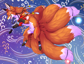 abstract_background action_pose ambiguous_gender anklet black_body black_fur bracelet clothed clothed_feral clothing dipstick_ears dipstick_tail ear_markings facial_markings featureless_crotch feral fur gloves_(marking) head_markings jewelry lamp lantern leg_markings markings mostly_nude multi_tail multicolored_ears multicolored_tail necklace open_mouth orange_body orange_fur pose pupils scarf slit_pupils socks_(marking) solo tail tail_markings white_body white_fur yellow_eyes ingi canid canine fox mammal red_fox true_fox hi_res