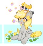 blonde_hair blowing_bubbles bubble duo female feral generic_flower grey_body hair open_mouth simple_background sitting smile white_background wings chonpsk cartoon_network friendship_is_magic hasbro my_little_pony mythology powerpuff_girls bubbles_(powerpuff_girls) derpy_hooves_(mlp) equid equine human mammal mythological_creature mythological_equine pegasus 2024 hi_res