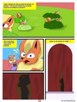 3:4 absurd_res anthro breasts brown_body brown_eyes canid canine clothing comic digital_drawing_(artwork) digital_media_(artwork) duo eevee eeveelution elizabeth_venizee english_text female flamberry_(artist) flareon franklin_flare fur generation_1_pokemon hair hi_res male mammal nintendo open_mouth pokemon pokemon_(species) shadow simple_background tail text window