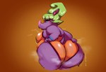 anthro big_butt bodily_fluids breasts breath butt clothing clothing_pull female green_hair hair horn huge_butt musk musk_clouds overweight panting purple_body purple_skin solo sweat tail dreamywolfdd chico_chica_boumba miss_boumba mammal rhinoceros 2024 signature