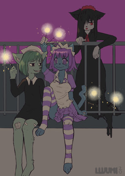 alternate_species anthro clothing drugs female fireworks furrification group maid_uniform purple_sky rooftop sky sparkler spiral spiral_eyes text trio uniform lluumi futaba_channel nijiura_maids iya_maid ozoi-san yakui-san canid canine canis domestic_dog mammal absurd_res artist_name hi_res signature
