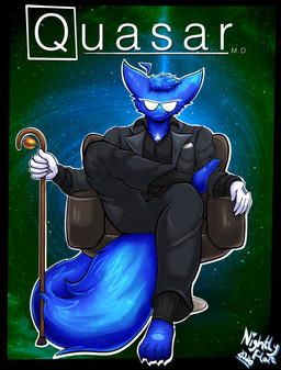 4_toes 5_fingers anthro blue_body blue_fur blue_hair blue_tail cane cosmic_fur cosmic_tail feet fingers fur hair looking_at_viewer male sitting solo tail text toes nightlyflare house.m.d. quasar_(nightlyflare) canid canine fox mammal 2026 artist_name dated hi_res