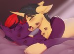 bed_sheet bedding blush duo eyes_closed fangs fluffy fluffy_ears horn kiss_mark kissing licking_tongue making_out male male/male neck_tuft romantic romantic_couple teeth tuft unicorn_horn kanaeshka hasbro my_little_pony mythology bat_pony equid equine mammal mythological_creature mythological_equine unicorn absurd_res hi_res