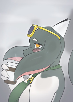 anthro apron apron_only big_breasts blush blush_stickers breasts claws clothing coffee_cup container cup eyebrows eyewear eyewear_on_head female finger_claws floppy_ears green_apron green_clothing grey_background grey_body hairless half-closed_eyes holding_coffee_cup holding_container holding_cup holding_object horn kemono looking_aside narrowed_eyes non-mammal_breasts pupils side_boob simple_background slit_pupils snout solo steam sunglasses sunglasses_on_head tail white_eyebrows yellow_eyes drahati7 mythology latte_(sme4) dragon mythological_creature mythological_scalie scalie 2026 bust_portrait hi_res portrait