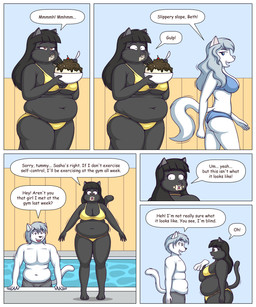 anthro bikini clothing dessert dialogue female food group ice_cream male slightly_chubby swimming_pool swimming_trunks swimwear text trio two-piece_swimsuit lordstormcaller beth_(lordstormcaller) sasha_(lordstormcaller) arctic_wolf canid canine canis felid mammal pantherine wolf 5:6 absurd_res comic english_text hi_res