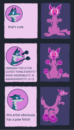 :3 ambiguous_gender blue_body blue_fur blue_pawpads duo feet feral foot_fetish fur male open_mouth open_smile pawpads pink_body pink_fur pink_pawpads smile text demensa emil_(demensa) canid canine canis coyote domestic_dog mammal 2024 comic digital_media_(artwork) english_text hi_res pixel_(artwork)