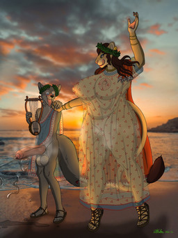 5_fingers 5_toes anthro areola balls beach big_balls big_breasts big_penis black_hair black_nose bodily_fluids bracelet breasts cape clothed clothing clothing_aside dancing drooling duo ear_piercing ejaculation erection etruscan fangs feet female fingers footwear foreskin fur genital_fluids genitals gold_(metal) gold_bracelet gold_jewelry grey_body grey_fur hair hand_holding huge_balls huge_breasts huge_penis jewelry larger_female laurel_wreath licking licking_lips looking_at_another looking_at_partner male male/female musical_instrument musk navel nipples open_mouth open_smile outside pawpads penis piercing pink_nose pink_pawpads plucked_string_instrument precum romantic romantic_ambiance romantic_couple saliva saliva_on_tongue sand sandals sea seaside shoes size_difference smaller_male smile standing string_instrument sunset tail tail_tuft tan_body tan_fur teeth toes tongue tongue_out translucent translucent_clothing tuft vaginal_fluids vaginal_squirting vulva water ohs688 canid canine felid fox lion mammal pantherine 2022 absurd_res hi_res signature