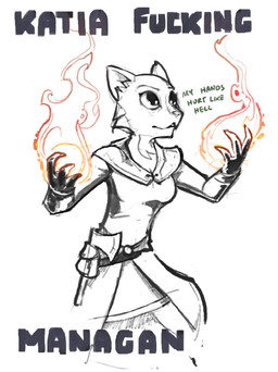 anthro axe female fire fireball magic melee_weapon profanity solo text weapon unknown_artist bethesda_game_studios microsoft oblivion prequel_adventure the_elder_scrolls katia_managan felid khajiit mammal black_and_white english_text greyscale monochrome