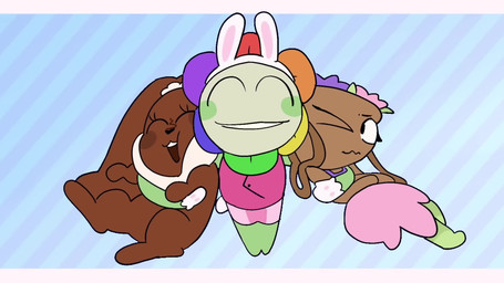 anthro arcade_machine blinking blurred_background bottomwear brown_body brown_ears brown_fur brown_inner_ear brown_pawpads clothed clothed_humanoid clothing dancing duo_focus fake_ears fake_rabbit_ears fake_rabbit_tail fake_tail female floppy_ears flower flower_(anatomy) flower_basket for_a_head fur group hopping hug impact_lines jumping kick kicking_another long_ears looking_at_another male music neck_tuft one_eye_closed open_mouth open_smile pattern_bottomwear pattern_clothing pattern_shorts pawpads pink_bottomwear pink_clothing pink_skirt plant purple_clothing purple_topwear rhythm_game scut_tail short_tail shorts skirt smile striped_bottomwear striped_clothing striped_shorts stripes tail text topwear trio tuft walking walking_backwards white_tail wink havuky sound_warning bemani blushcrunch_studio dance_dance_revolution dandy's_world konami bassie_(dandy's_world) cocoa_(dandy's_world) dandy_(dandy's_world) vee_(dandy's_world) humanoid lagomorph leporid mammal object_head object_humanoid rabbit toon_(dandy's_world) 16:9 2026 2d_animation animated colored credits digital_drawing_(artwork) digital_media_(artwork) english_text frame_by_frame hi_res long_playtime sound video widescreen