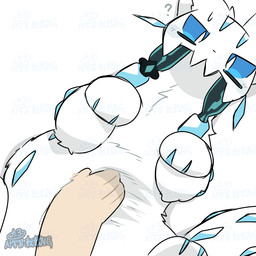 ambiguous_feral ambiguous_gender belly belly_rub bird's-eye_view blue_markings blue_pawpads blue_sclera duo fangs feral feral_focus fur high-angle_view kemono looking_at_viewer lying markings mostly_offscreen_character on_back patting_belly pawpads paws petting quadruped question_mark sabertooth_(anatomy) simple_background solo_focus tail teeth tusks white_background white_body white_ears white_eyes white_fur white_tail tontaro nintendo pokemon chien-pao generation_9_pokemon legendary_pokemon mammal pokemon_(species) 1:1 2026 2d_animation animated colored frame_by_frame loop signature watermark