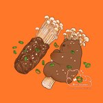 black_nose brown_body chibi enoki_(mushroom) eyes_closed feral food meat micro orange_background paws simple_background solo shirokumani bear mammal 1:1 2021 hi_res