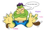 4_toes anthro bottomwear clothing dialogue feet green_body hat headgear headwear male overweight overweight_male pants sitting solo text tickling tickling_feet toes jolly_the_lizard brok_the_investigator cowcat_games brok_(brok_the_investigator) alligator alligatorid crocodilian reptile scalie 2024 english_text hi_res