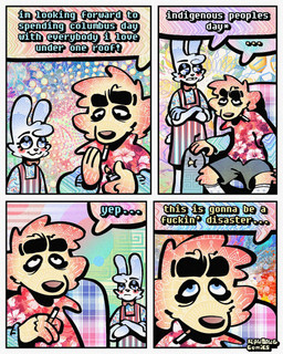 4_panel_comic aloha_shirt anthro bottomwear bow_tie cheek_spots cheek_tuft cigarette cigarette_in_mouth clothing crossed_arms dialogue duo ellipsis facial_tuft floppy_ears fur half-closed_eyes male narrowed_eyes object_in_mouth overalls pattern_clothing pattern_shirt pattern_topwear shirt shorts smile smoking_tobacco speech_bubble teeth text tooth_gap topwear tuft white_body white_fur yellow_body yellow_fur rawdawgcomics bingus_(rawdawgcomics) stahli_(rawdawgcomics) bird_dog canid canine canis domestic_dog golden_retriever hunting_dog lagomorph leporid mammal rabbit retriever 4:5 comic english_text hi_res