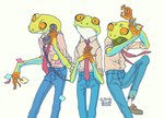 anthro blue_bottomwear blue_clothing blue_pants bottomwear clothed clothing dress_shirt electronics fully_clothed gloves_(marking) green_body landline_phone male markings necktie orange_eyes pants phone scared shirt simple_background solo topwear white_background canisalbus bojack_horseman netflix charley_witherspoon amphibian frog tree_frog 2019 hi_res