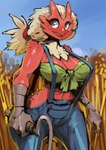 anthro big_breasts blonde_hair blue_sky blush breasts butt chest_tuft cleavage clothed clothing farmer female field freckled_breasts freckled_butt freckled_face freckled_shoulders freckles fur green_clothing green_topwear hair holding_object holding_tool hourglass_figured_female navel nipple_outline nipples non-mammal_breasts non-mammal_nipples outside overalls red_body red_fur scuted_arms scutes simple_background sky solo tied_hair tools topwear tuft wheat wheat_field wide_hips bittenhard nintendo pokemon blaziken generation_3_pokemon pokemon_(species)