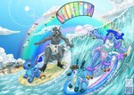 anthro bangs beach bow_(feature) clean_diaper clothed clothing cloud diaper diaper_only duo female feral hand_in_water horn inflatable kitesurfing male pattern_diaper pull-ups_(diaper) qr_code rings_on_arms rings_on_legs sea surfboard surfing tail_star topless water wearing_diaper jimmyrumshot disney lilo_and_stitch mythology chrissy_(zoran) stitch_(lilo_and_stitch) angel_dragon canid canine dragon fox mammal mythological_creature mythological_scalie scalie absurd_res hi_res