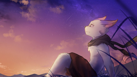 anthro cape clothing cloud duo male sitting solo sunset twilight young stampmats domestic_cat felid feline felis mammal 16:9 widescreen