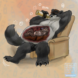 abdominal_bulge alcohol anthro beer beverage drinking duo male male/male safe_vore vore larrymaxs max_upshur fish mammal marine procyonid raccoon shark 1:1 hi_res