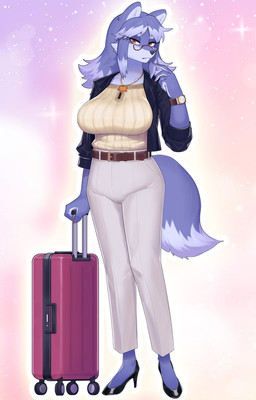 abstract_background anthro big_breasts biped blue_body blue_fur blue_hair bottomwear breasts clock clothed clothing dipstick_tail eyewear female footwear fur glasses hair high_heels jacket jewelry markings multicolored_body multicolored_fur necklace pants pink_background red_eyes shirt shoes simple_background solo suitcase tail tail_markings topwear watch wristwatch sususuigi two_beasts_or_not_to_beast kaede_suzuaki canid canine canis mammal wolf official_art
