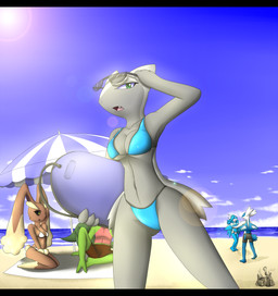 alternate_color anthro anthrofied beach bikini black_bars black_body black_sclera black_skin blue_body blue_skin bra breasts brown_body brown_fur clothed clothing cloud detailed_background eyewear female fur green_body green_eyes green_skin group male navel on_towel outside pokemorph red_body red_skin sand seaside sky sun sunglasses surfboard swimwear teeth tongue towel two-piece_swimsuit umbrella underwear vehicle water watercraft white_body white_fur white_skin wide_hips yellow_eyes latiar nintendo pokemon generation_2_pokemon generation_3_pokemon generation_4_pokemon grovyle lagomorph latios legendary_pokemon lopunny mammal pokemon_(species) typhlosion 2013 hi_res letterbox