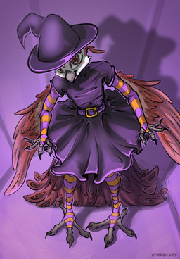 anthro arm_warmers armwear beak clothed clothing crossdressing crossdressing_male dress feathers hat headgear headwear holidays leg_warmers legwear looking_at_viewer looking_up magic_user male pattern_armwear pattern_clothing pattern_legwear solo striped_armwear striped_clothing striped_legwear stripes witch witch_costume witch_hat stirren halloween avian bird galliform peafowl phasianid hi_res