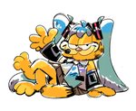 3_toes anthro barefoot blue_hair clothed clothing cosplay crossdressing crossover_cosplay feet fur hair half-closed_eyes male narrowed_eyes necktie orange_body orange_fur pigtails shirt simple_background sitting smile solo toes toony topwear white_background cigardoesart garfield_(series) vocaloid garfield_the_cat hatsune_miku domestic_cat felid feline felis mammal 2020 crossover full-length_portrait hi_res portrait