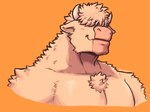 anthro fur hair hair_over_eyes horn light_body light_fur male muscular muscular_anthro muscular_male orange_background simple_background smile solo dynogreeno bovid bovine cattle mammal hi_res