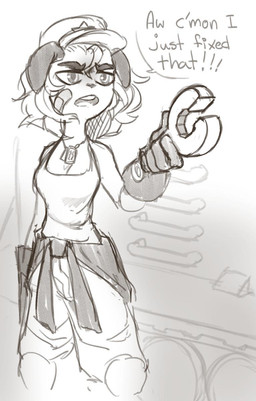 annoyed anthro biped bottomwear breasts cleavage clothed clothing dialogue dog_tags female gloves handwear hat headgear headwear holding_object holding_tool holding_wrench jacket_around_waist machine mechanic oversized_bottomwear oversized_clothing oversized_pants pants shirt solo speech_bubble tank_top tools topwear wrench proxicute quin_(proxicute) canid canine canis domestic_dog mammal 2019 greyscale hi_res monochrome