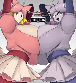accessory animal_ears arms_above_head bell big_breasts bottomwear breast_squish breasts cat_tail clothing constricted_pupils cowlick duo embarrassed fangs female female_humanoid frilly frilly_bottomwear frilly_clothing frilly_skirt game_ui green_eyes grey_body grey_clothing grey_hair hair hair_accessory hands_behind_head huge_breasts inner_ear_fluff looking_at_viewer narrowed_eyes open_mouth open_smile pale_skin petticoat pink_clothing pink_hair pupils skirt small_pupils smile squish tail teeth text tuft emmarrgus deltarune undertale_(series) mad_mew_mew mew_mew_(undertale) pink_(deltarune) animal_humanoid felid felid_humanoid feline feline_humanoid humanoid mammal mammal_humanoid soul_(undertale) 2026 absurd_res digital_drawing_(artwork) digital_media_(artwork) english_text hi_res