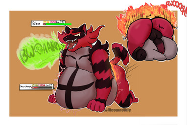 all_fours anthro attribute_theft balls belly belly_humping big_belly black_balls black_penis bodily_fluids burp_cloud burping digestion digestion_noises duo ear_piercing ear_ring fire_belt gameplay_mechanics genital_fluids genitals grey_body growth gui health_bar huge_belly humping_own_belly imminent_digestion leaking_precum looking_pleasured male male_pred masturbation multicolored_body multicolored_penis open_mouth penis piercing precum rear_view red_body ring_piercing simple_background skull_symbol status_effect striped_body stripes unseen_prey vore meowndible nintendo pokemon blaze_(incinevorer) felid feline garchomp generation_4_pokemon generation_7_pokemon incineroar mammal pokemon_(species) absurd_res hi_res