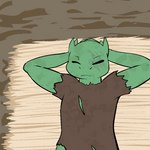 1:1 2014 anthro bed clothed clothing damaged_clothing digital_media_(artwork) eyes_closed fen_(lagotrope) furniture green_body green_skin hands_under_head horn inside kobold lagotrope lizard lying male on_back on_bed outline reptile resting scalie solo story story_at_source story_in_description tgchan wounded