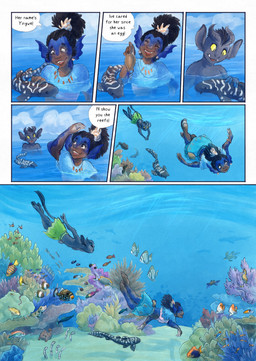 ambiguous_gender anthro biped black_body black_fur black_hair black_tail clothed clothing cloud dark_body dark_skin day dialogue dialogue_box ear_fins feral fin flower fur hair outside plant sea speech_bubble split_form swimming tail text underwater water bjekkergauken mythology imbali_(bjekkergauken) aquatic fish merfolk unknown_species 2026 colored comic english_text hi_res