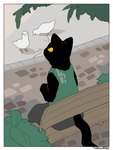 2022 ambiguous_gender anthro avian bench bird black_body clothed clothing domestic_cat felid feline felis feral group hi_res mammal plant tail trio urushi_(yorozumaru) whiskers yellow_eyes yorozumaru