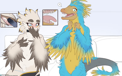 anthro beak blue_body blue_feathers blush bodily_fluids clothed clothing cum cum_in_mouth cum_in_vagina cum_inside eyelashes feathers fellatio female freckled_face freckles genital_fluids green_eyes group hand_on_beak male male/female oral panties panties_only penile sex sharp_teeth tail tail_tuft take_your_pick teeth topless trio tuft underwear underwear_only quangdoann lyra_(w4g4) archaeopteryx avian bird dinosaur feathered_dinosaur feathered_scalie potoo prehistoric_species reptile saurischian scalie theropod hi_res