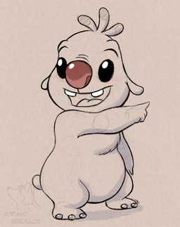 3_toes ambiguous_gender antennae_(anatomy) black_eyes buckteeth chest_tuft dipstick_antennae feet fur gesture hand_gesture looking_away multicolored_antennae open_mouth open_smile pointing red_nose smile solo standing teeth toes tuft adriano_berjillos disney lilo_and_stitch reuben_(lilo_and_stitch) alien experiment_(lilo_and_stitch) 2022 sketch spot_color watermark male_(lore)